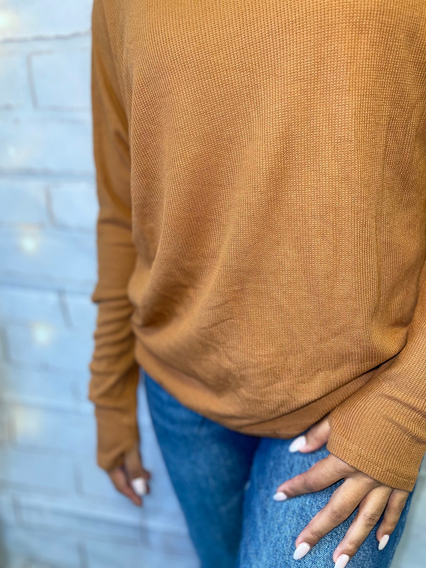 waffle knit off the shoulder butterscotch top with thumb holes
