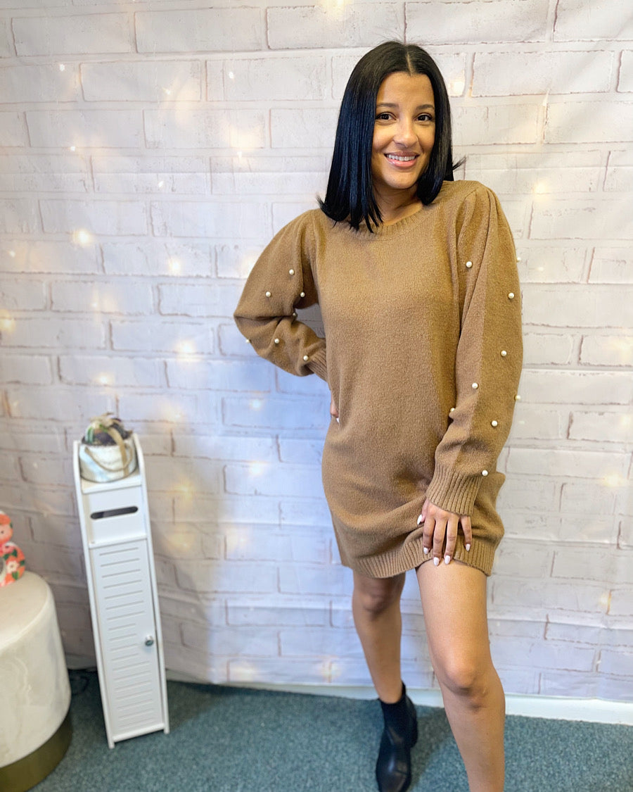 brown beaded sweater dress with pearl detailing