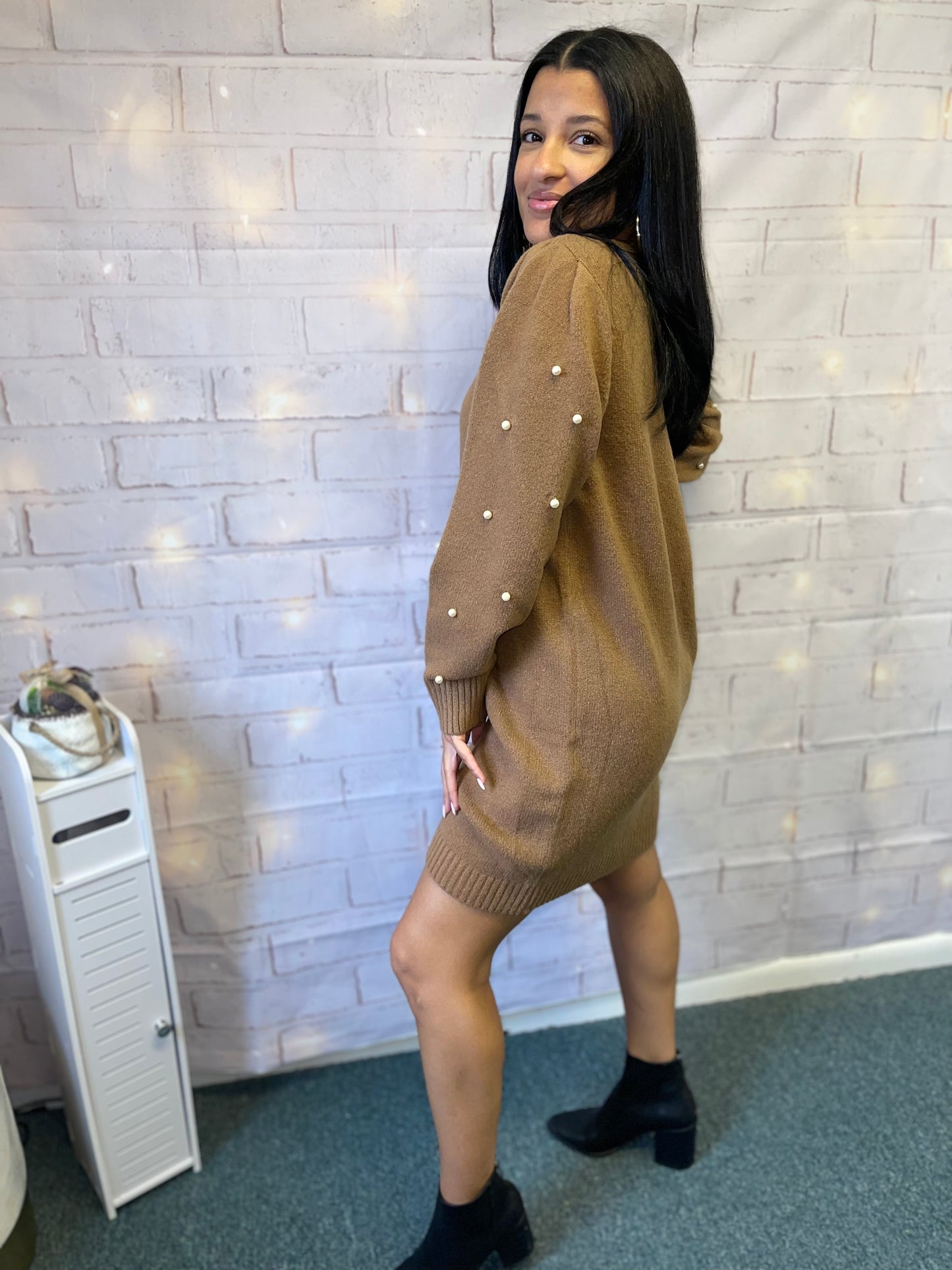 brown beaded sweater dress with pearl detailing