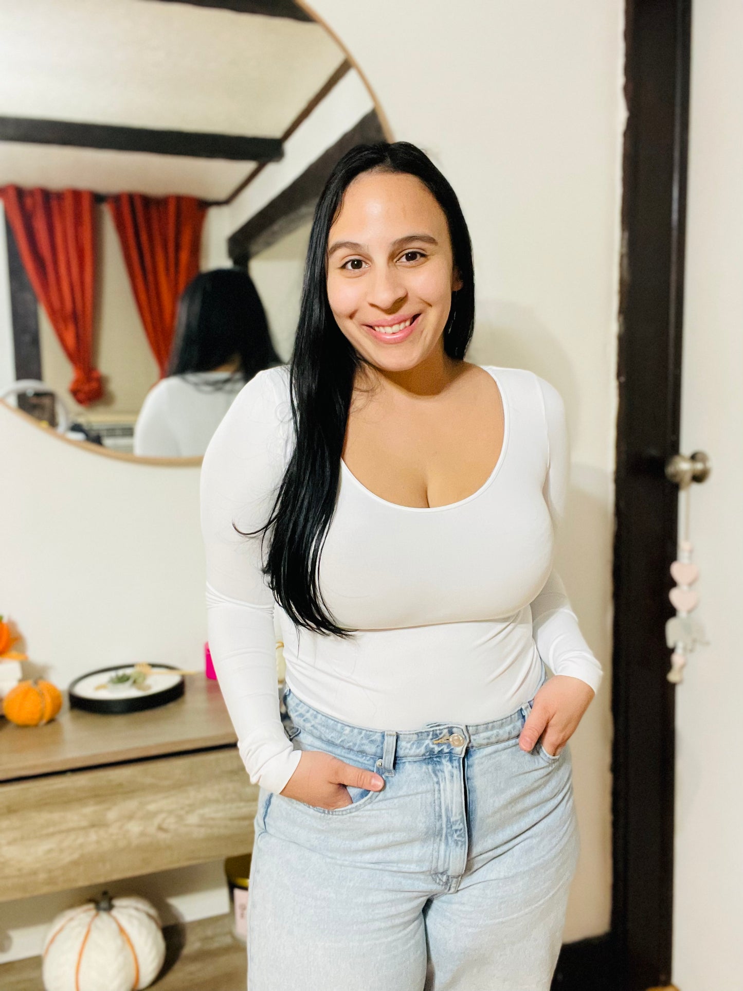 White basic long sleeve top with scoop neck