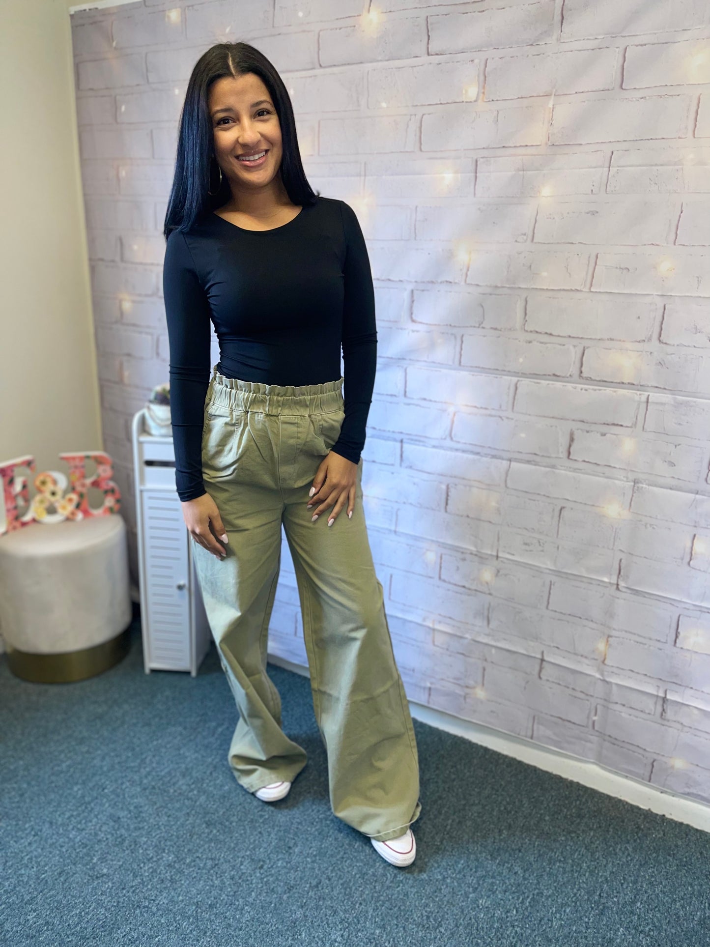 army green paperbag pants wide leg