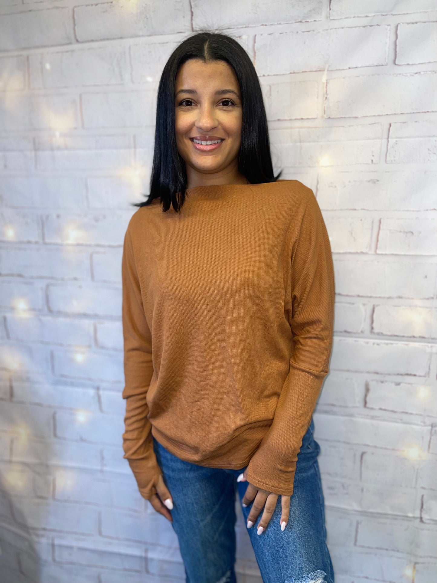 waffle knit off the shoulder butterscotch top with thumb holes