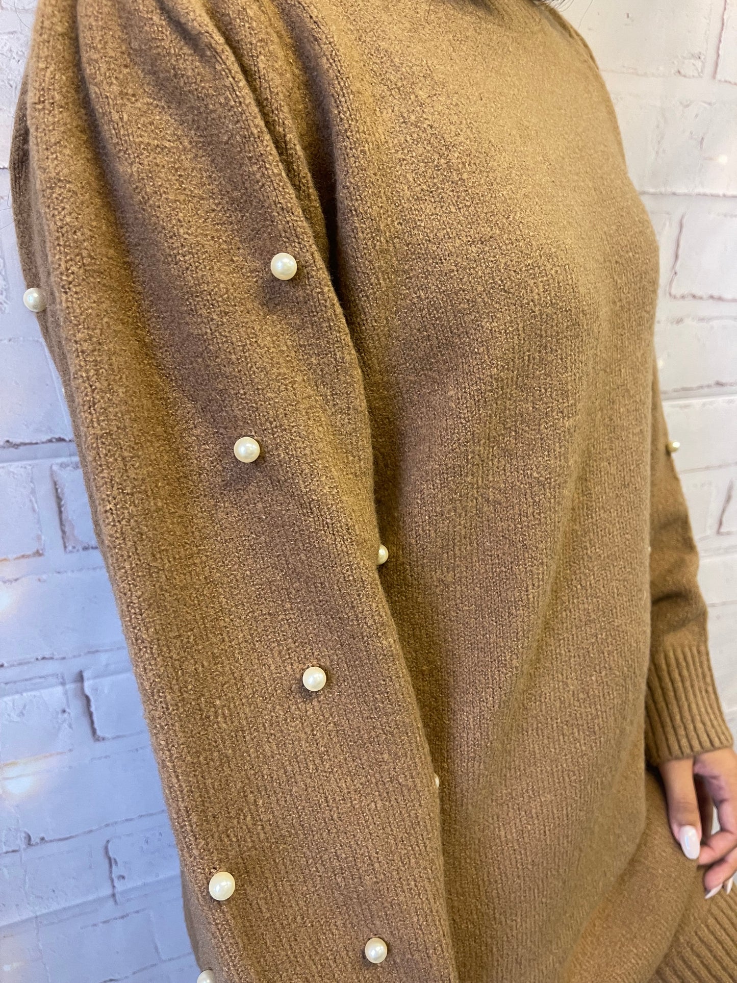 brown beaded sweater dress with pearl detailing