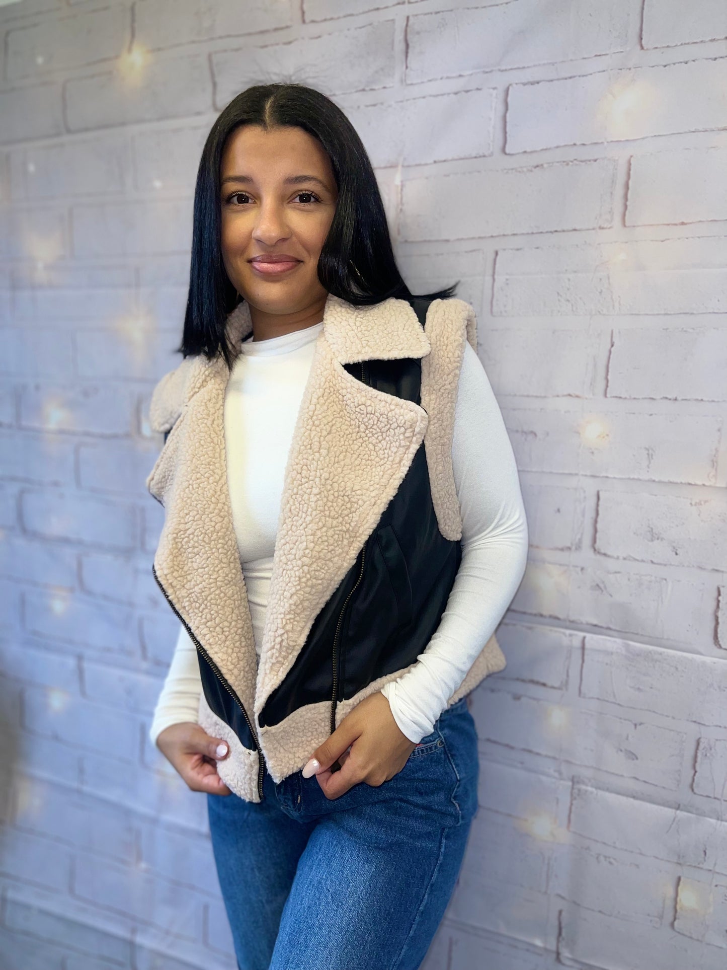 Faux leather vest with teddy fur lining