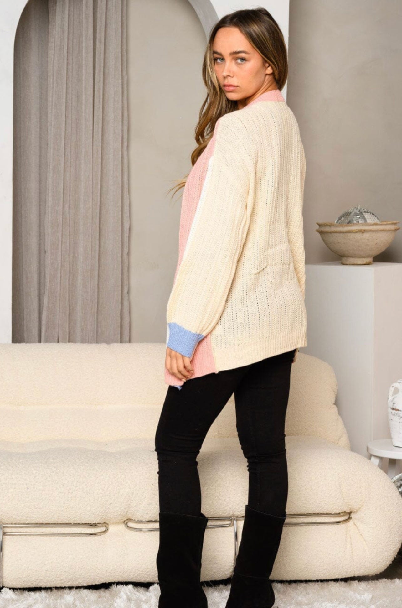 A luxurious acrylic polyester knitted color block cardigan named Park City Cardigan