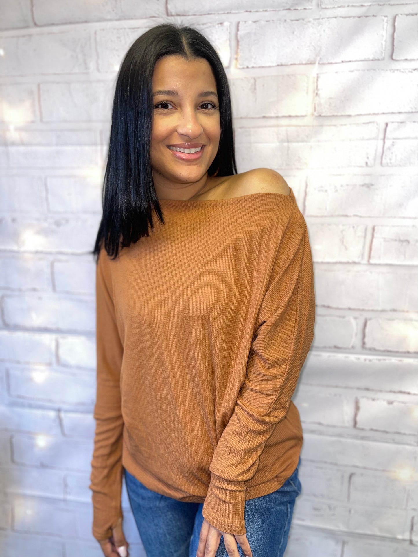 waffle knit off the shoulder butterscotch top with thumb holes