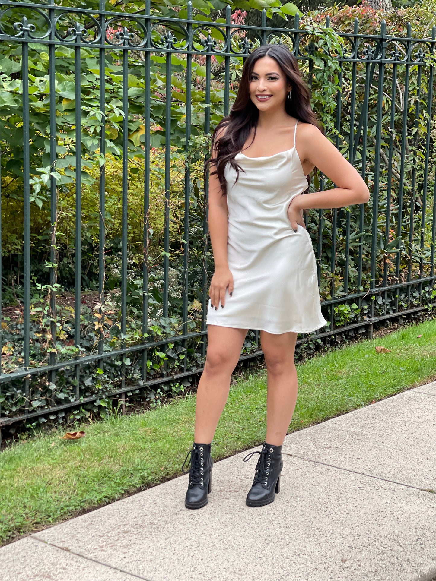 chmpagne open back cowl neck satin dress