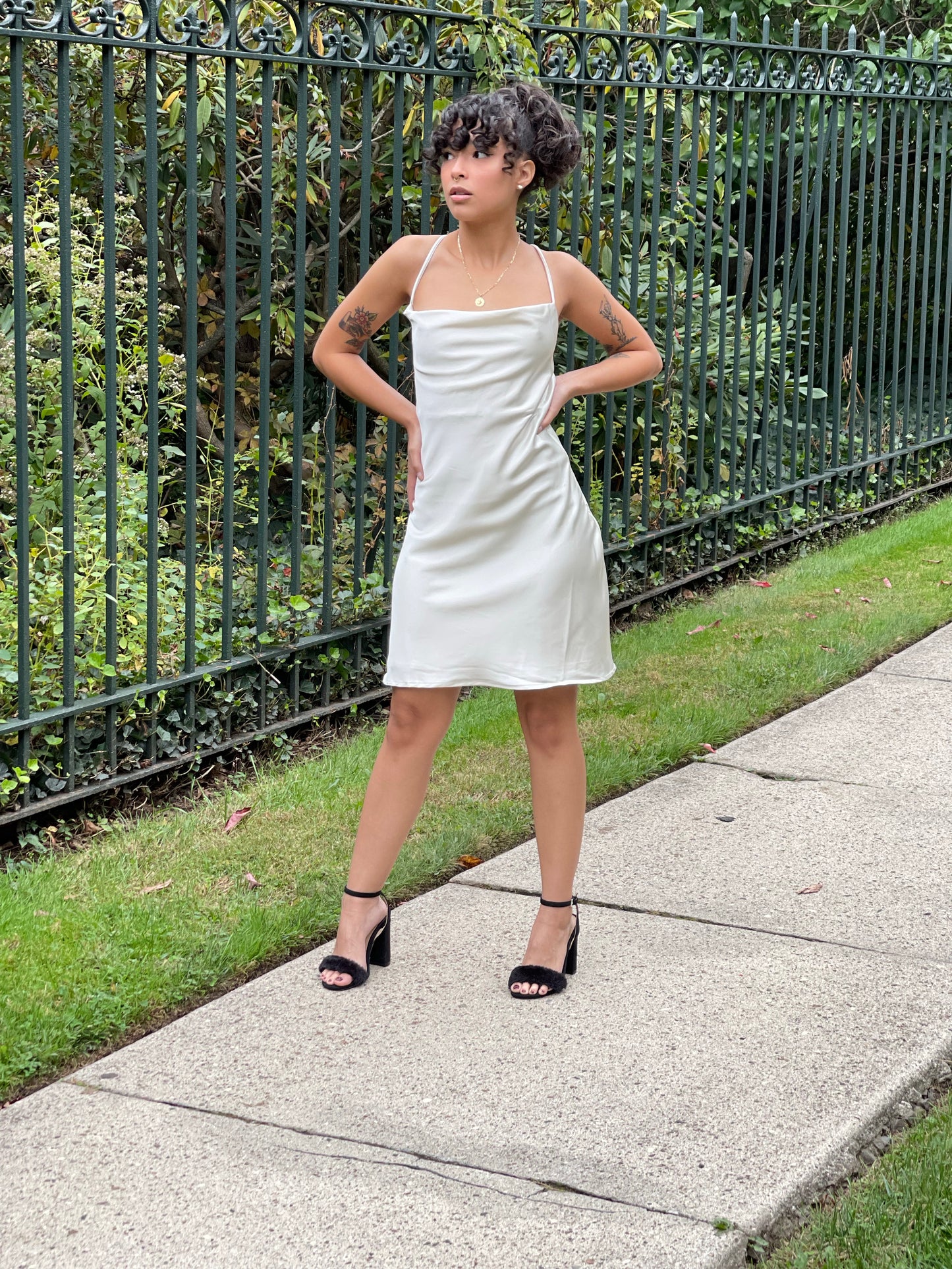 Champagne open back cowl neck satin dress