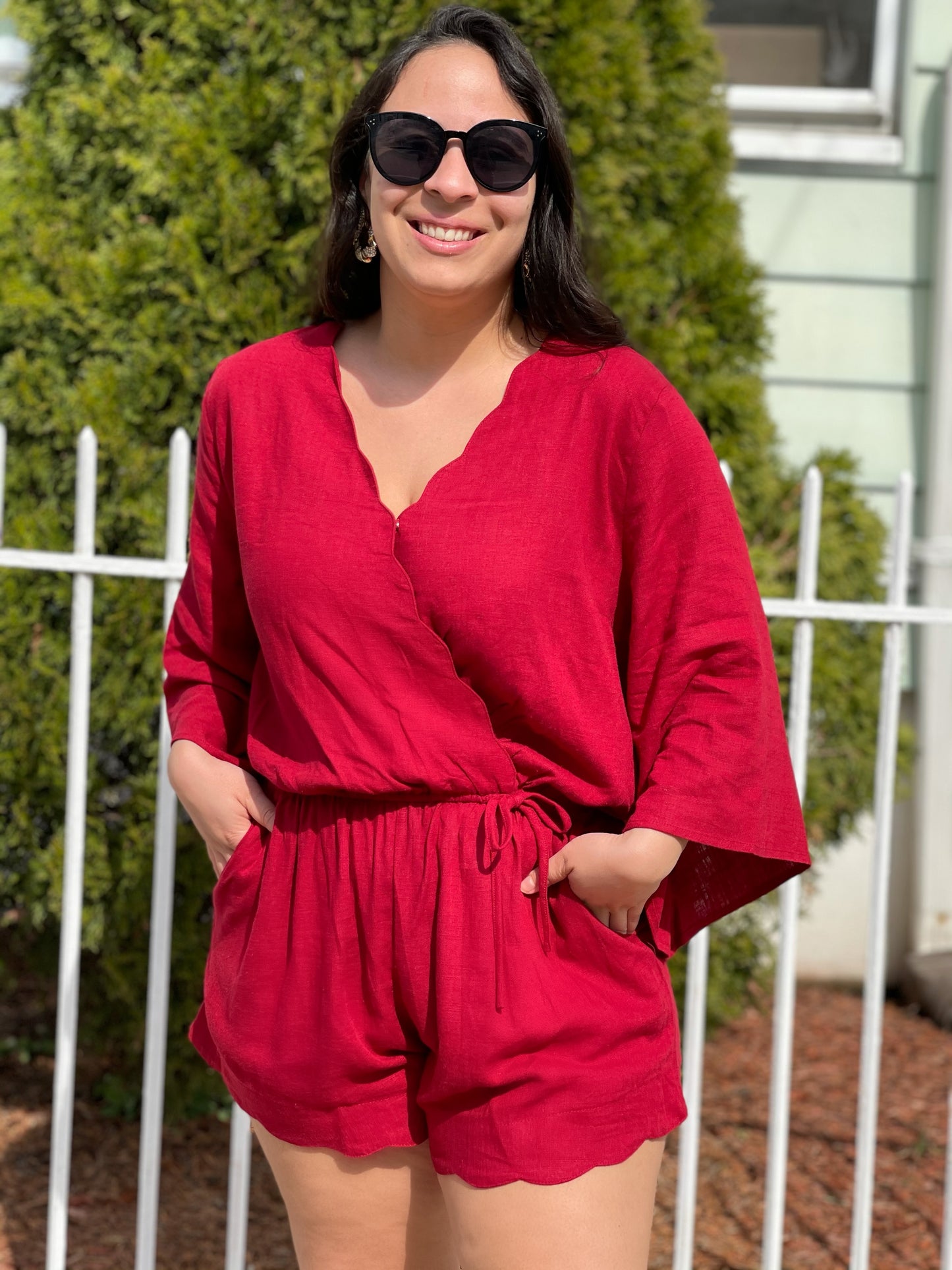 Scalloped jester red romper