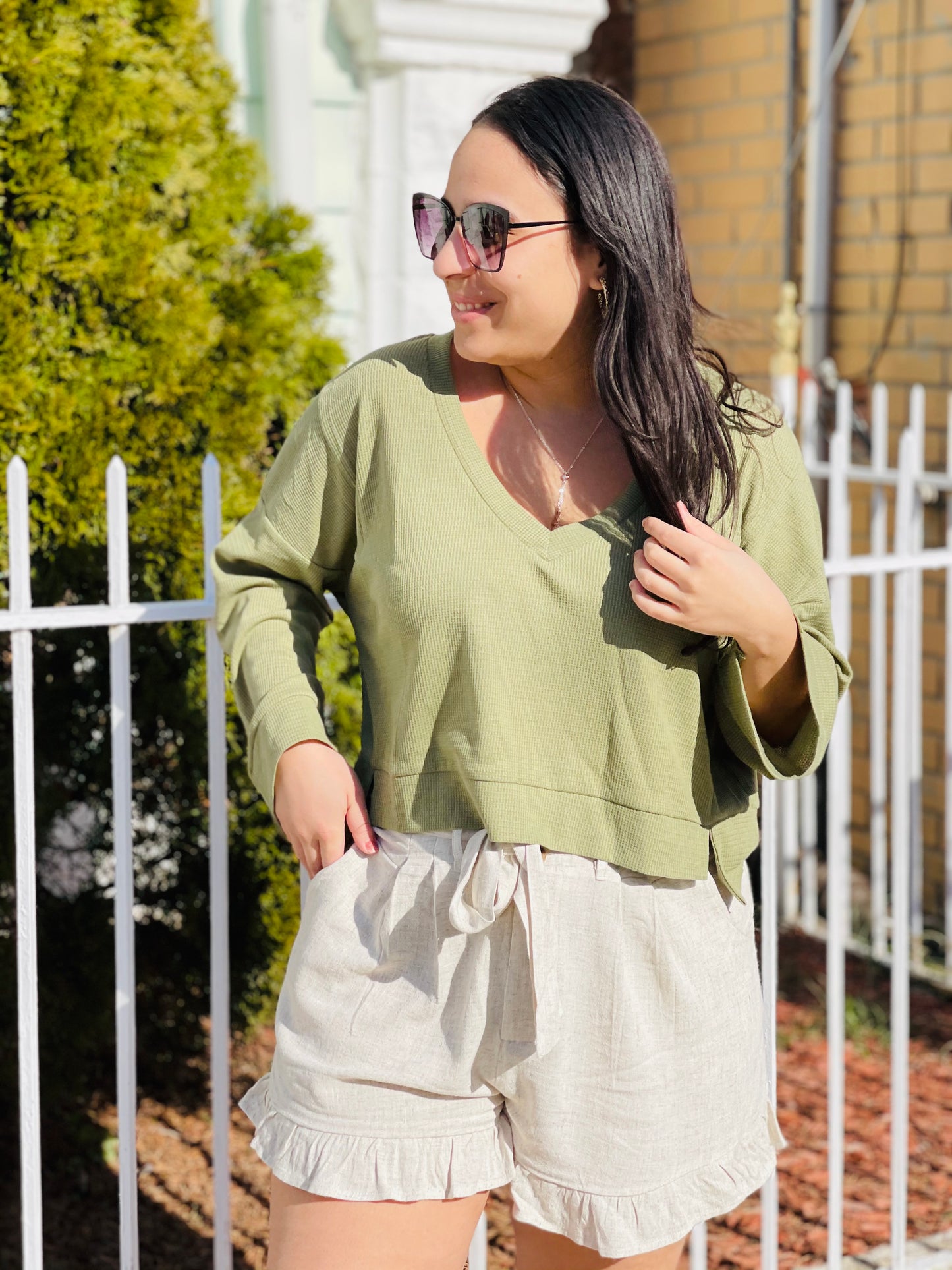 Oatmeal Linen Ruffled Shorts