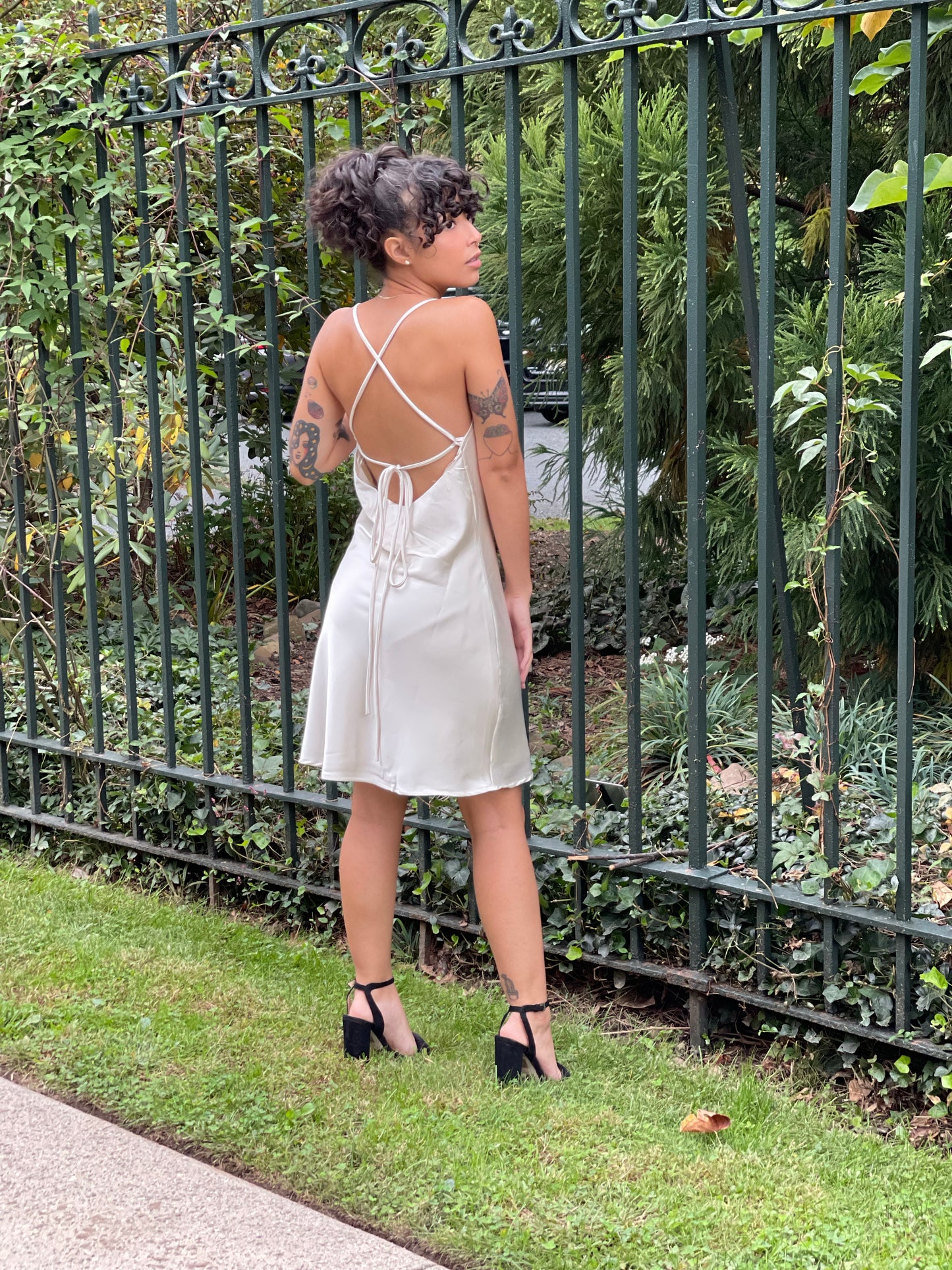 chmpagne open back cowl neck satin dress