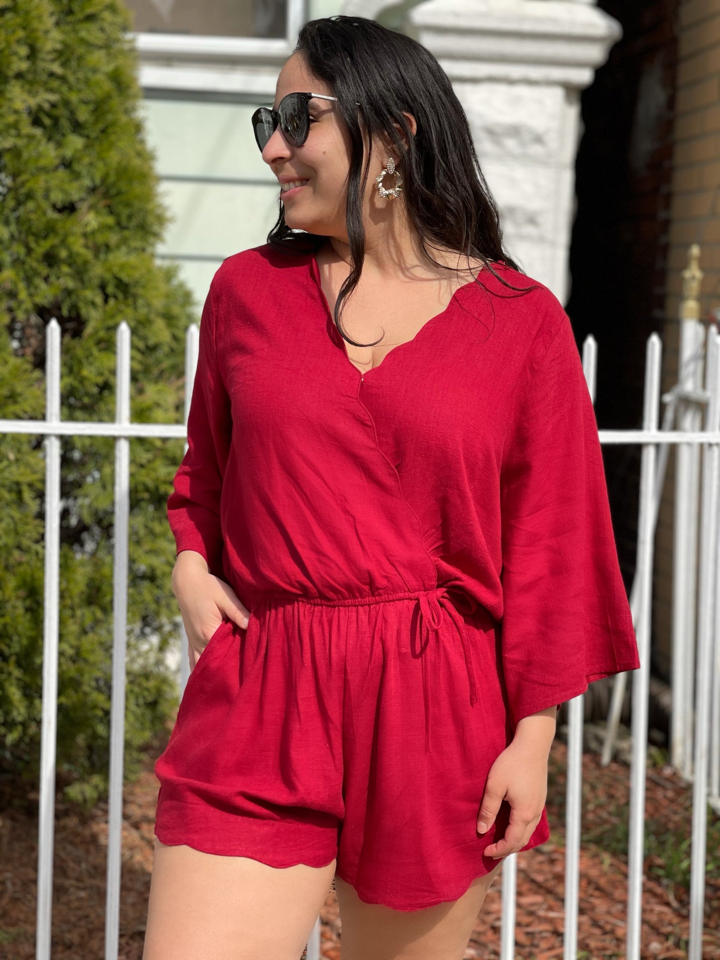 Scalloped jester red romper