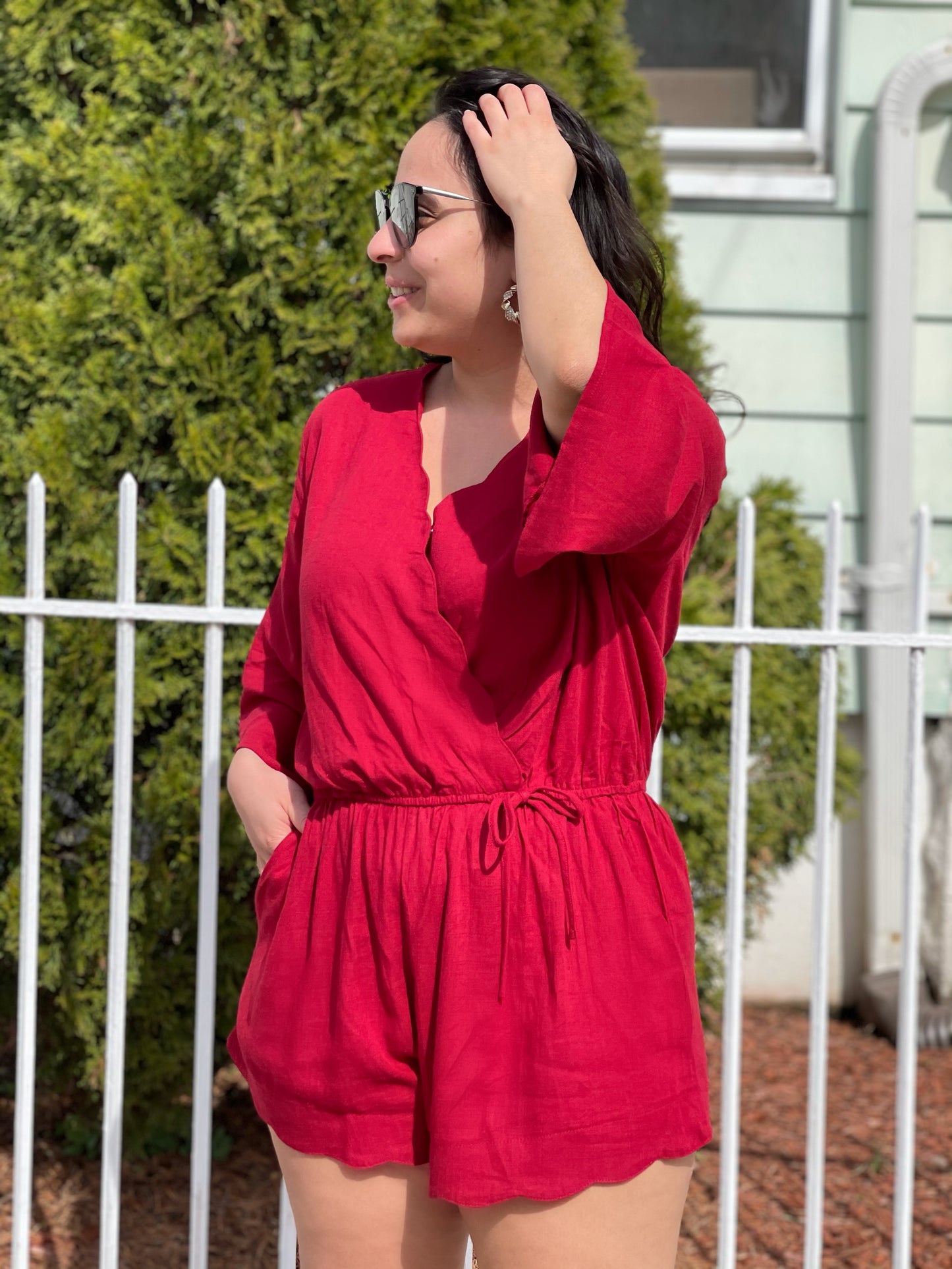 Scalloped jester red romper