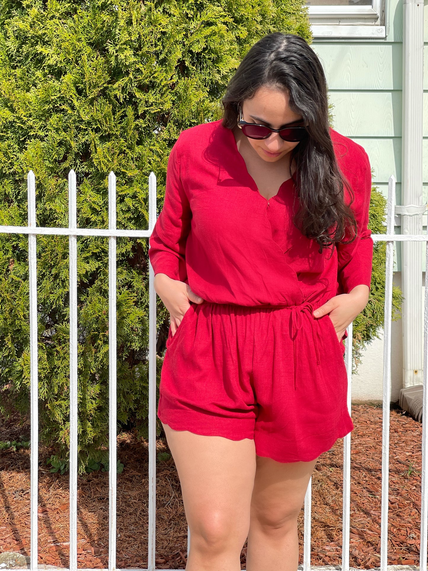 Scalloped jester red romper