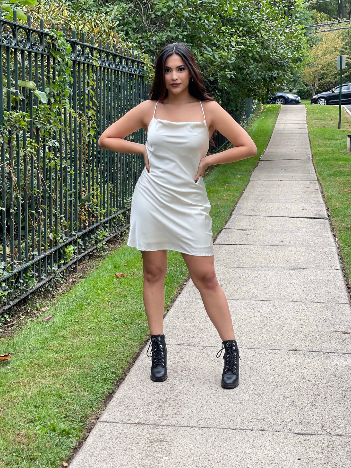 chmpagne open back cowl neck satin dress
