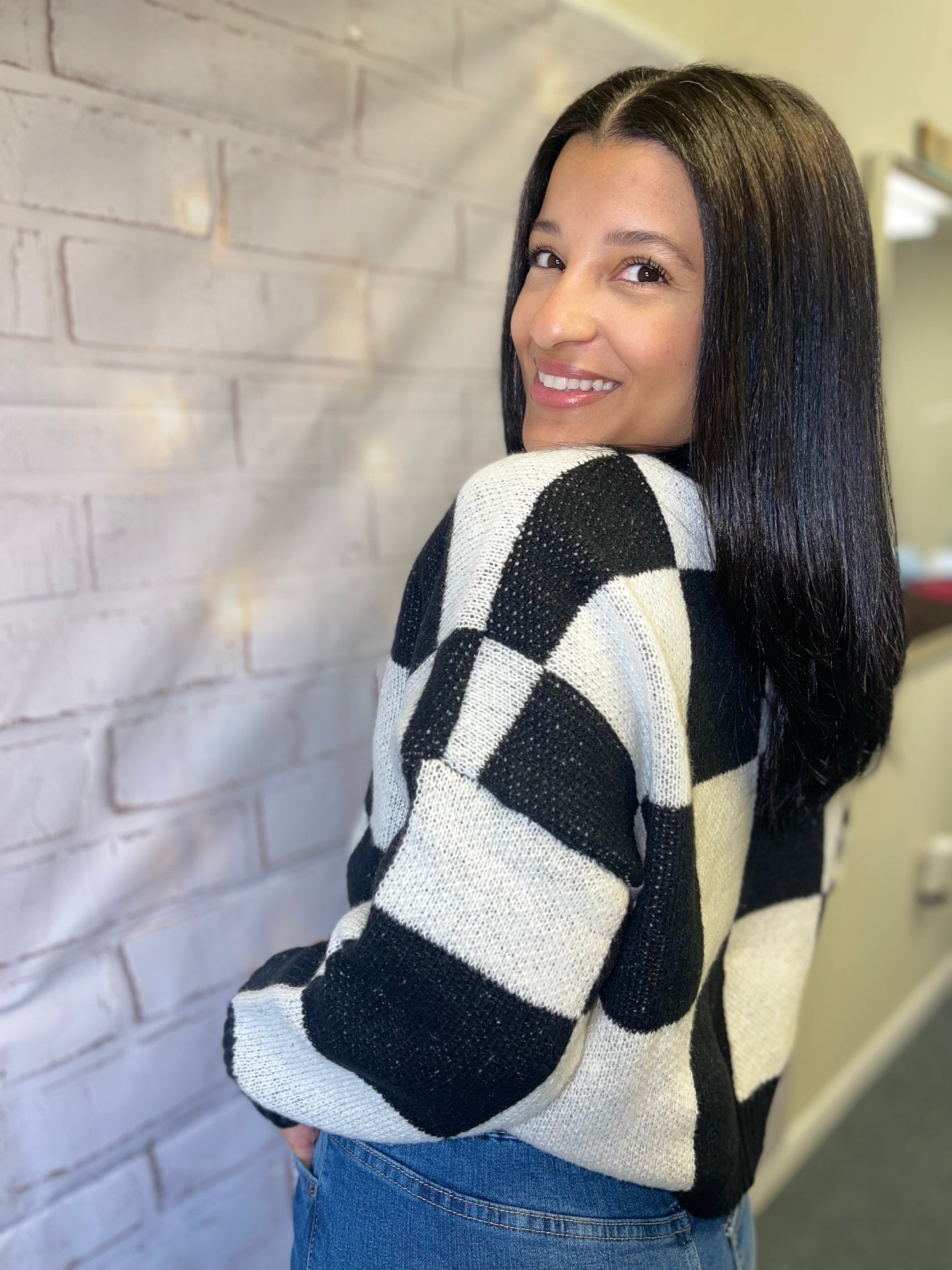 black and white grid checkered sweater