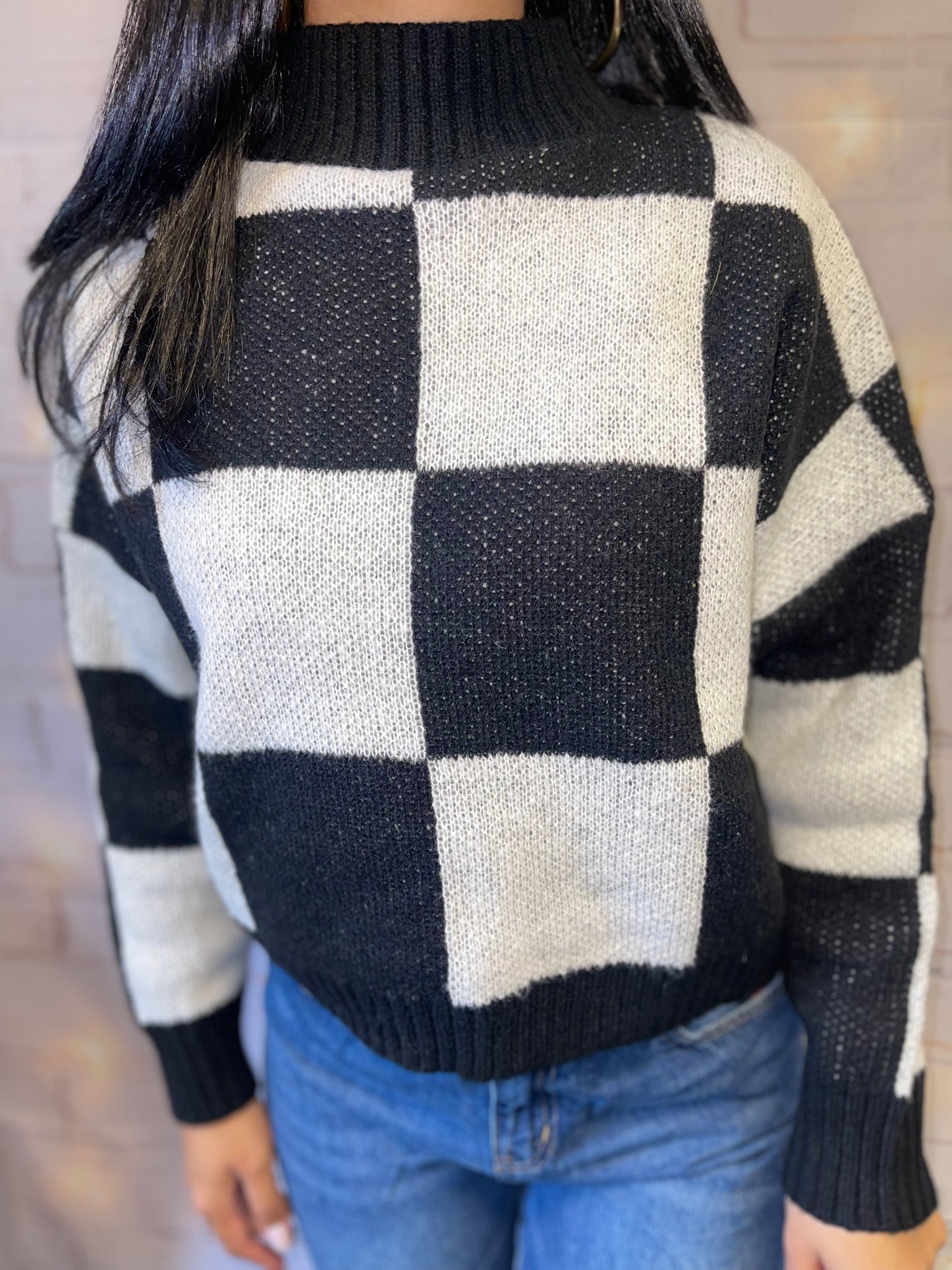 black and white grid checkered sweater