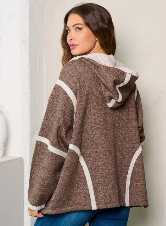 Mocha Bliss Hooded Cardigan: Brown with white detailing, open-front design. Embrace winter warmth and style with this cozy and versatile cardigan.