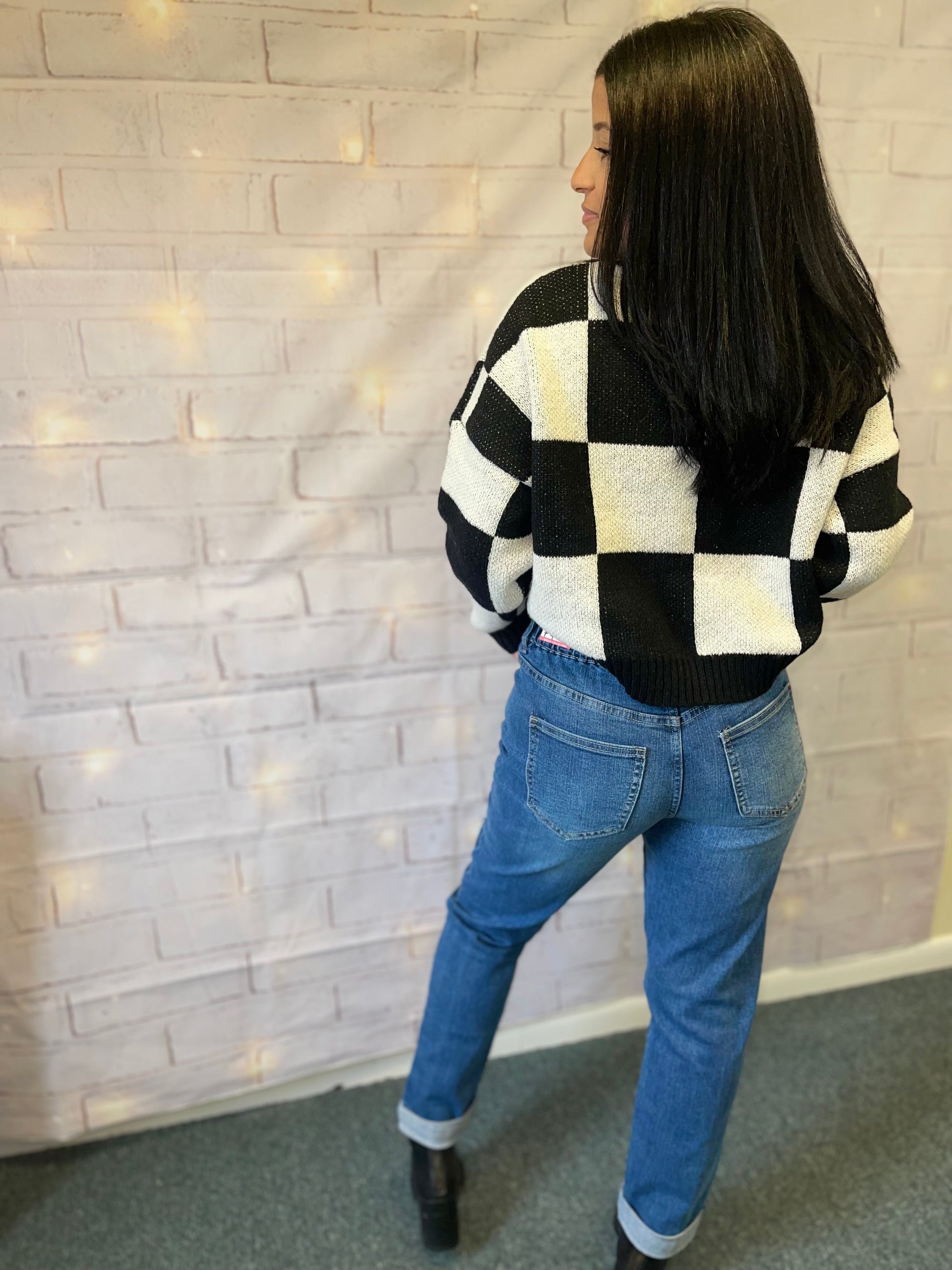 black and white grid checkered sweater