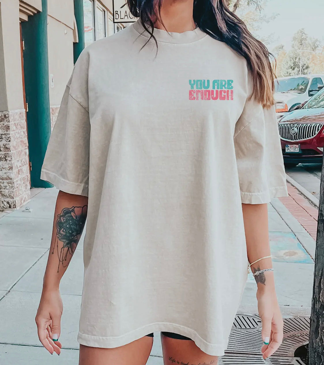 Comfortable natural Gildan T-shirt with empowering text ‘You Are Enough’ – a daily reminder of self-worth and confidence.