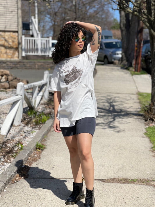 White oversized graphic tee with side slits